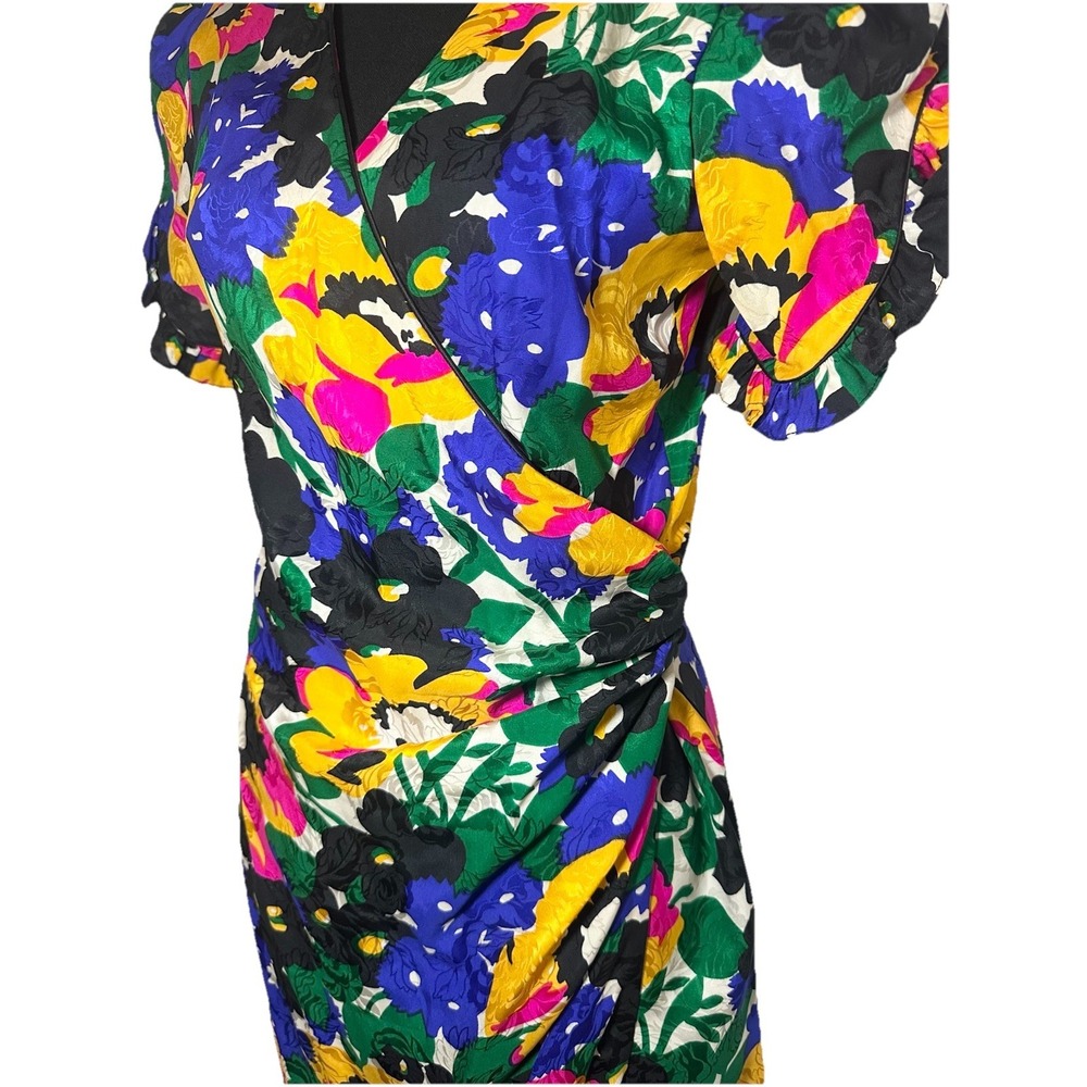 VTG *RARE* 1980's Flora Kung 100% Silk Colorful Floral Puff Sleeve Wrap Dress 6 - Picture 5 of 16